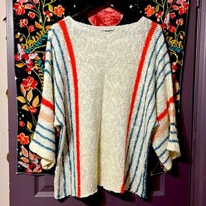 XL Boucle knit short sleeve sweater top - White with Blue and Orange stripes